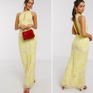 Little Mistress Yellow Floral Maxi Dress 10 Gown Open Back halter neck flare